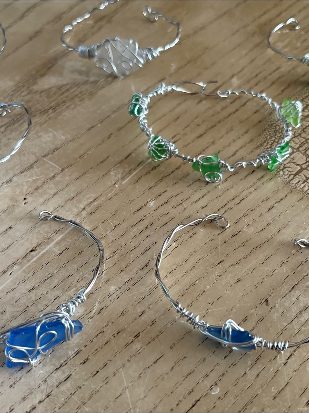 Handcrafted Silver Wire Bracelet with Green Beads